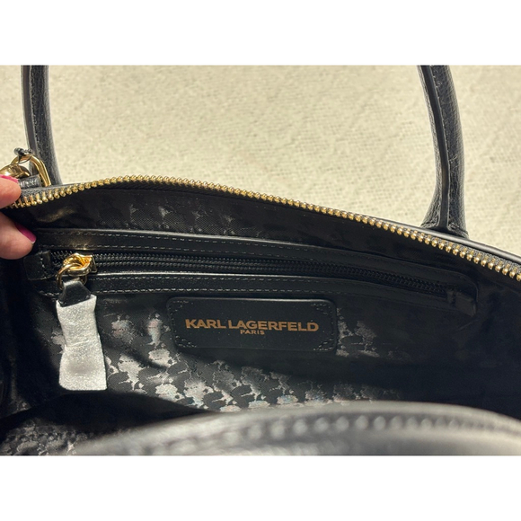 NWT Karl Lagerfeld Black Leather Shoulder & Crossbody w/Gold Tone Bag Charm - Picture 7 of 13